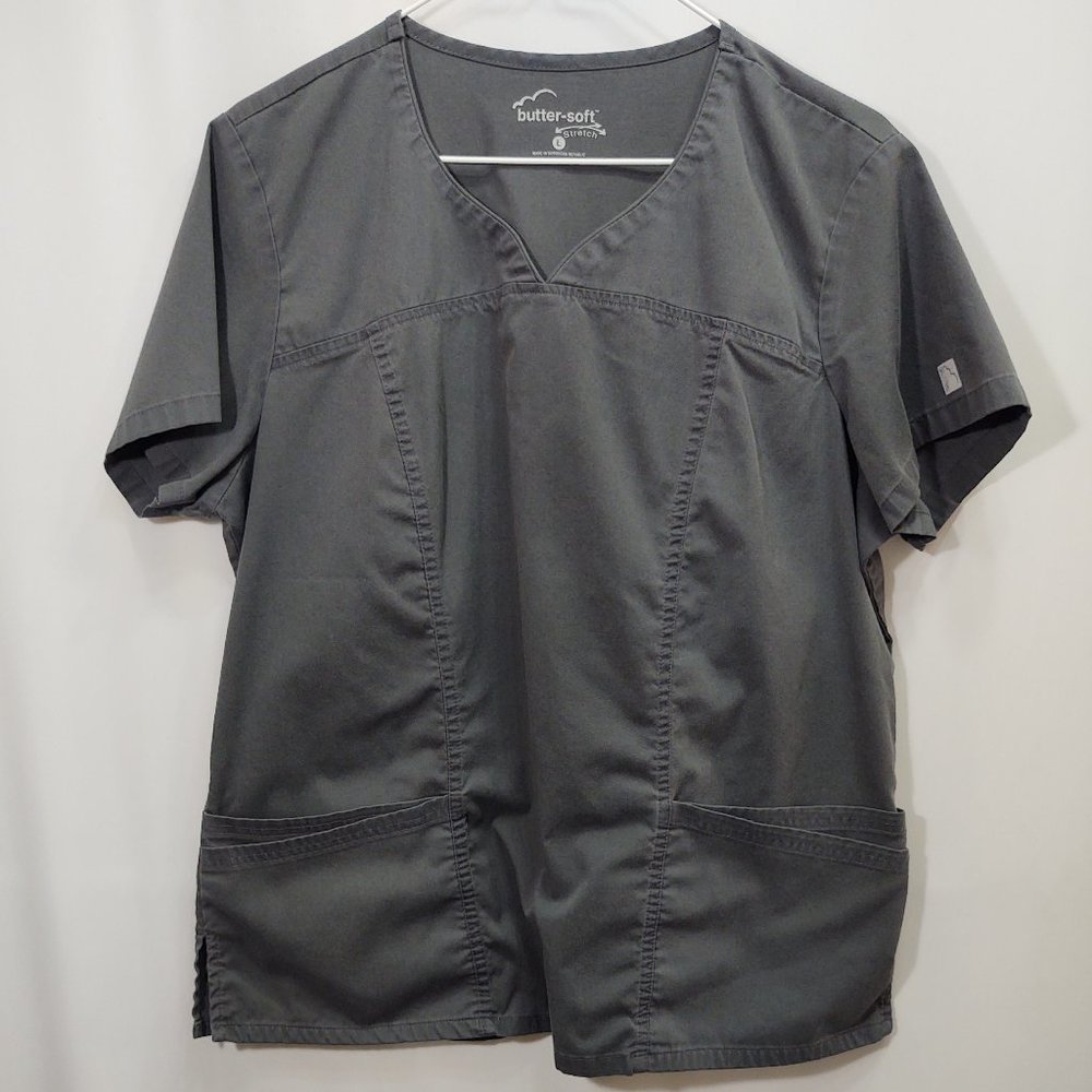 3/$30 Butter-Soft Stretch Grey V-Neck Scrub Top L
